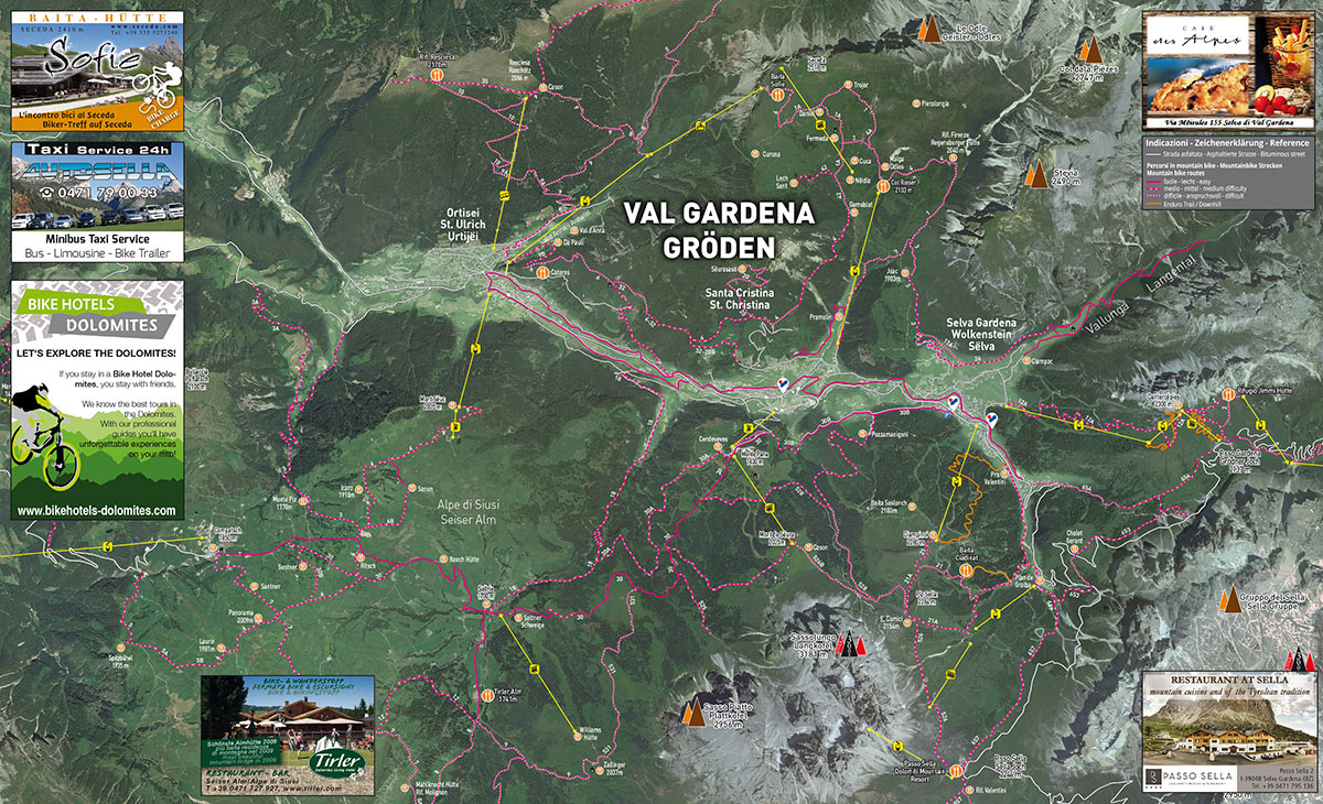Bike Karte Gröden, Seiser Alm, Dolomiten, Sellaronda
